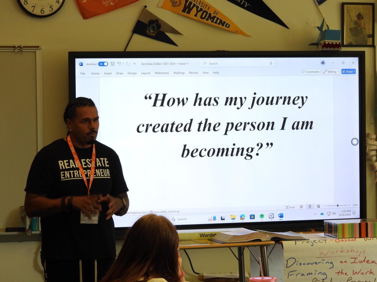 Angel Maldonado speaking to Justin Earnshaw's English 12 class at Triumph.